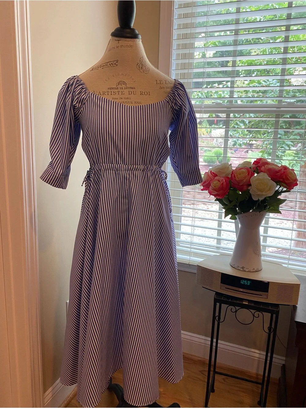 Blue and White Striped Midi Dress with Square Neck and Tie Waist - Picture 1 of 6
